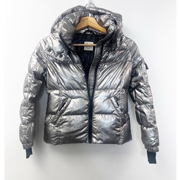 S13 Kylie Metallic Duck Down Feather Detachable Hooded Puffer Jacket Kids Sz 10 - Picture 1 of 15